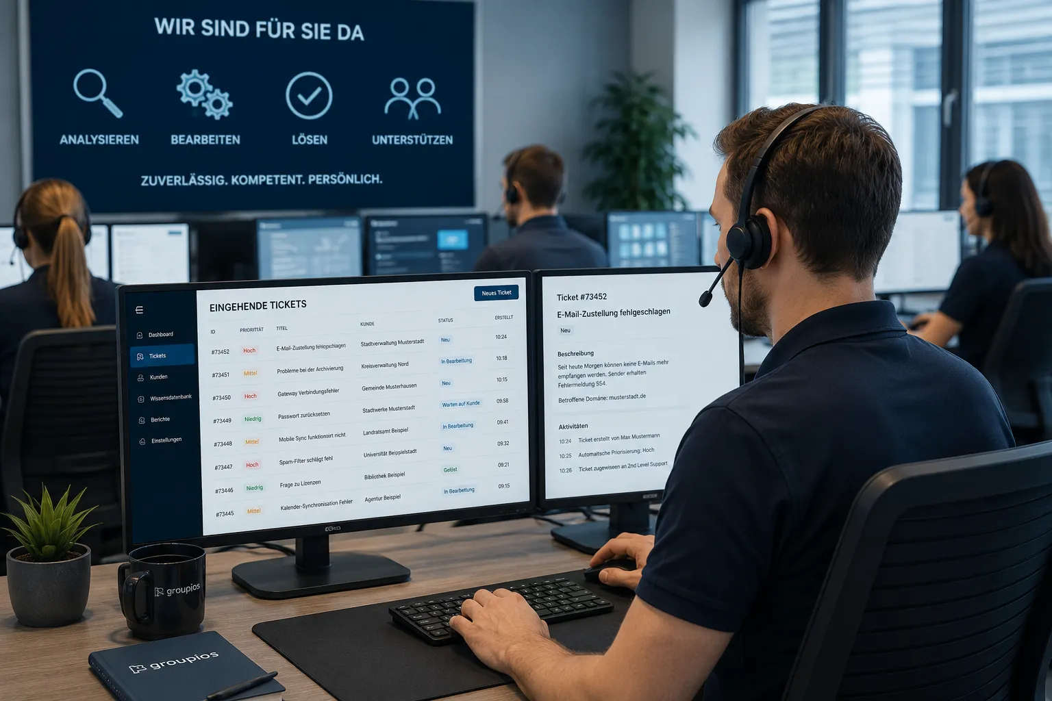 Mitarbeiterin und Mitarbeiter eines Serviceteams bearbeiten Kundenanfragen an ihren Bildschirmen