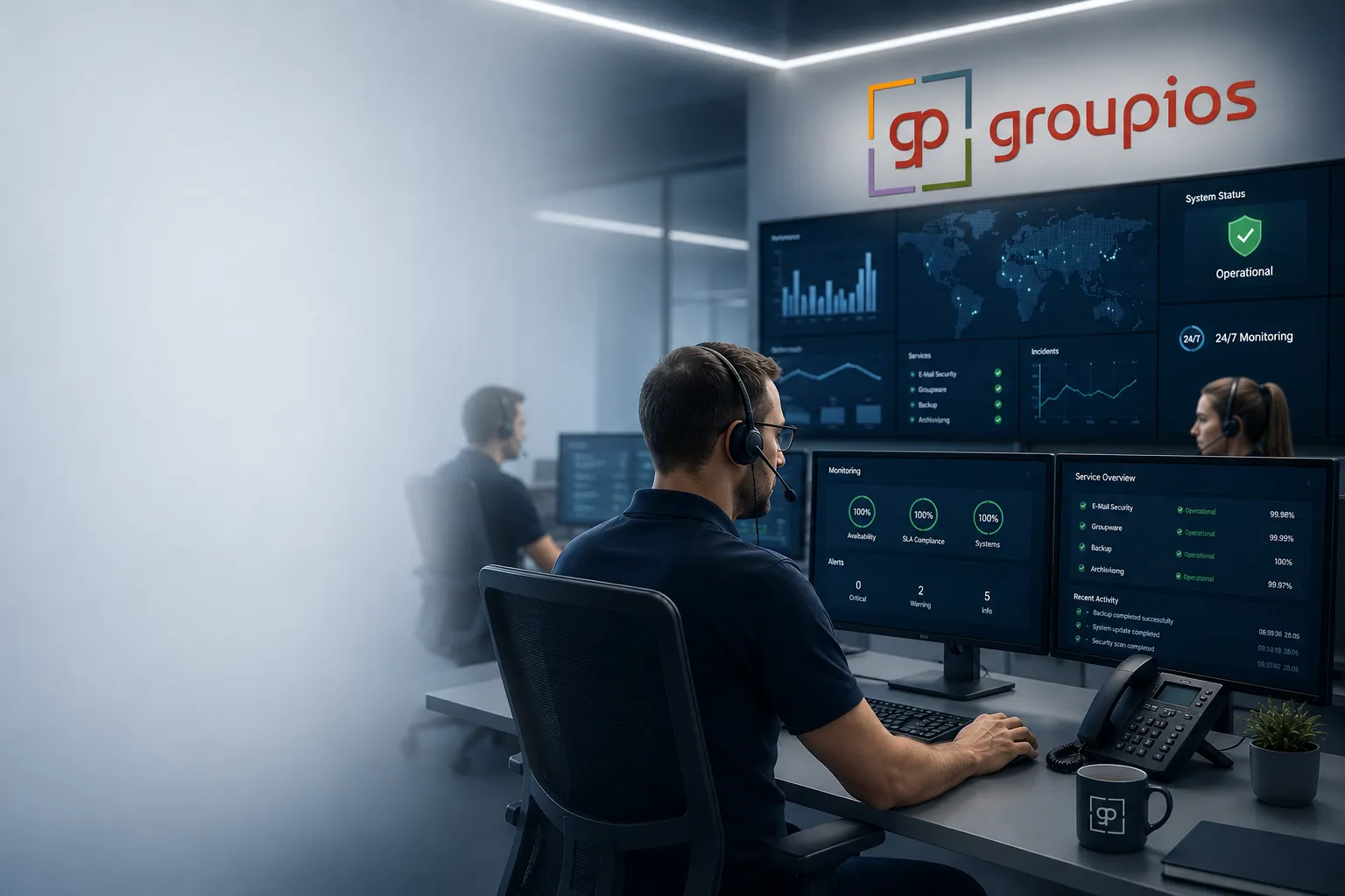 Supportmitarbeiter mit Headset vor Monitoring-Bildschirmen im groupios Servicecenter