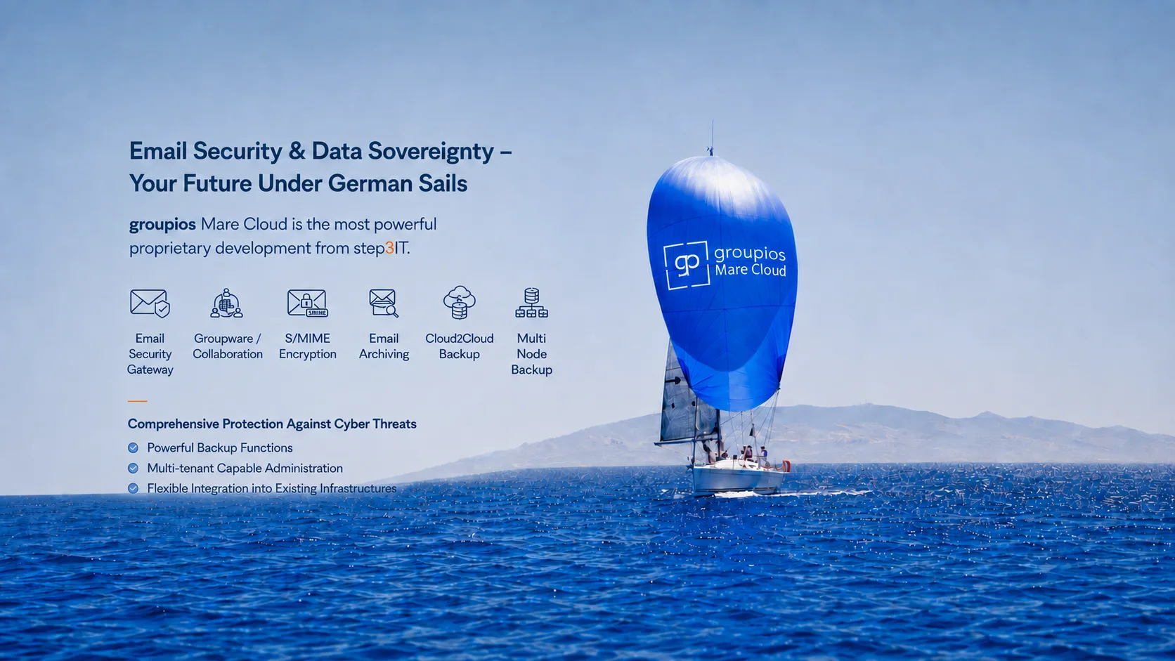 Email security & data sovereignty - your future under German sails. Email Security Gateway, Groupware / collaboration, S/MIME encryption, Email archiving, Cloud2Cloud Backup, Multi-Node Backup. Comprehensive protection from cyber threats: Powerful backup functions, Multi-tenant administration, Flexible integration into existing structures.