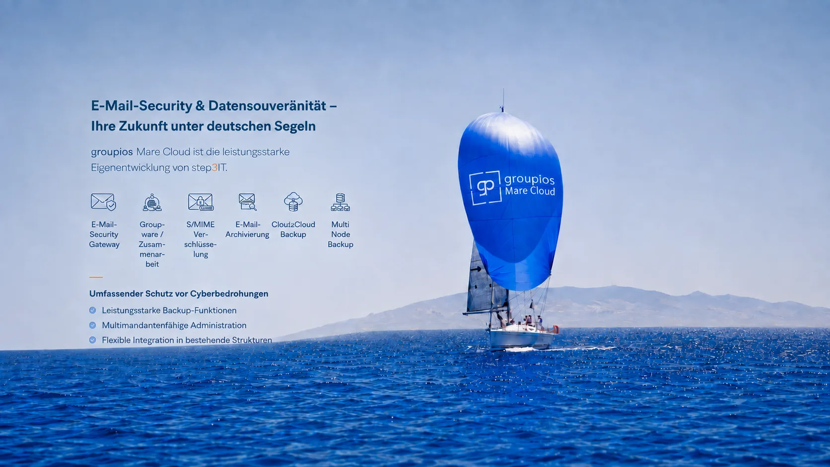 E-Mail-Security & Datensouveränität – Ihre Zukunft unter deutschen Segeln. E-Mail-Security Gateway, Groupware / Zusammenarbeit, S/MIME Verschlüsselung, E-Mail-Archivierung, Cloud2Cloud Backup, Multi Node Backup. Umfassender Schutz vor Cyberbedrohungen: Leistungsstarke Backup-Funktionen, Multimandantenfähige Administration, Flexible Integration in bestehende Strukturen.
