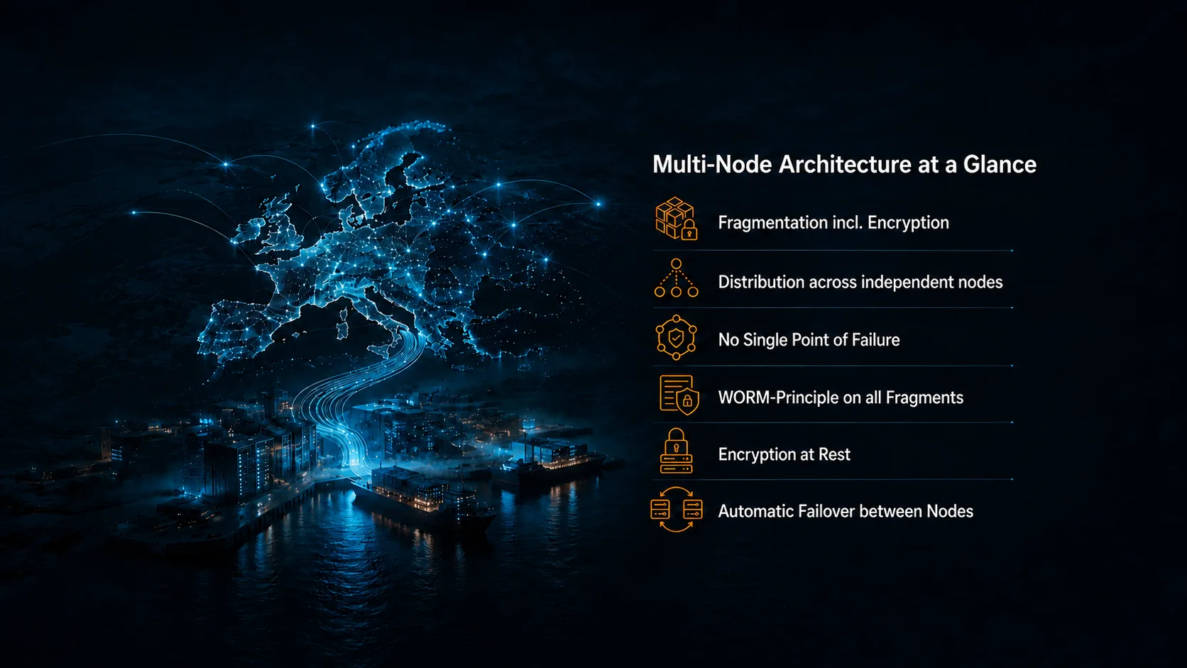 Multi-Node Backup is a distributed backup architecture in which data is broken into encrypted fragments and distributed across multiple independent storage nodes. This creates no single point of failure - no single attack or outage can compromise all data fragments at once. Instead of placing a central backup in one location, groupios creates genuine resilience through data splitting, distribution, and recoverability. Your data is broken into small encrypted segments and redundantly distributed across many independent units - for maximum security and fast, reliable recovery in an emergency. The result: maximum resilience, full control, at a security level that clearly surpasses classic backup concepts. Uncompromising - your data integrity remains intact even during attacks or outages. Classic backup is yesterday's approach - with groupios comes genuine resilience: a backup architecture with no central points of attack, that stays stable even during outages, and ensures maximum data integrity. Fragmentation including encryption, Distribution across independent nodes, No single point of failure, WORM principle on all fragments, Encryption at rest, Automatic failover between nodes.