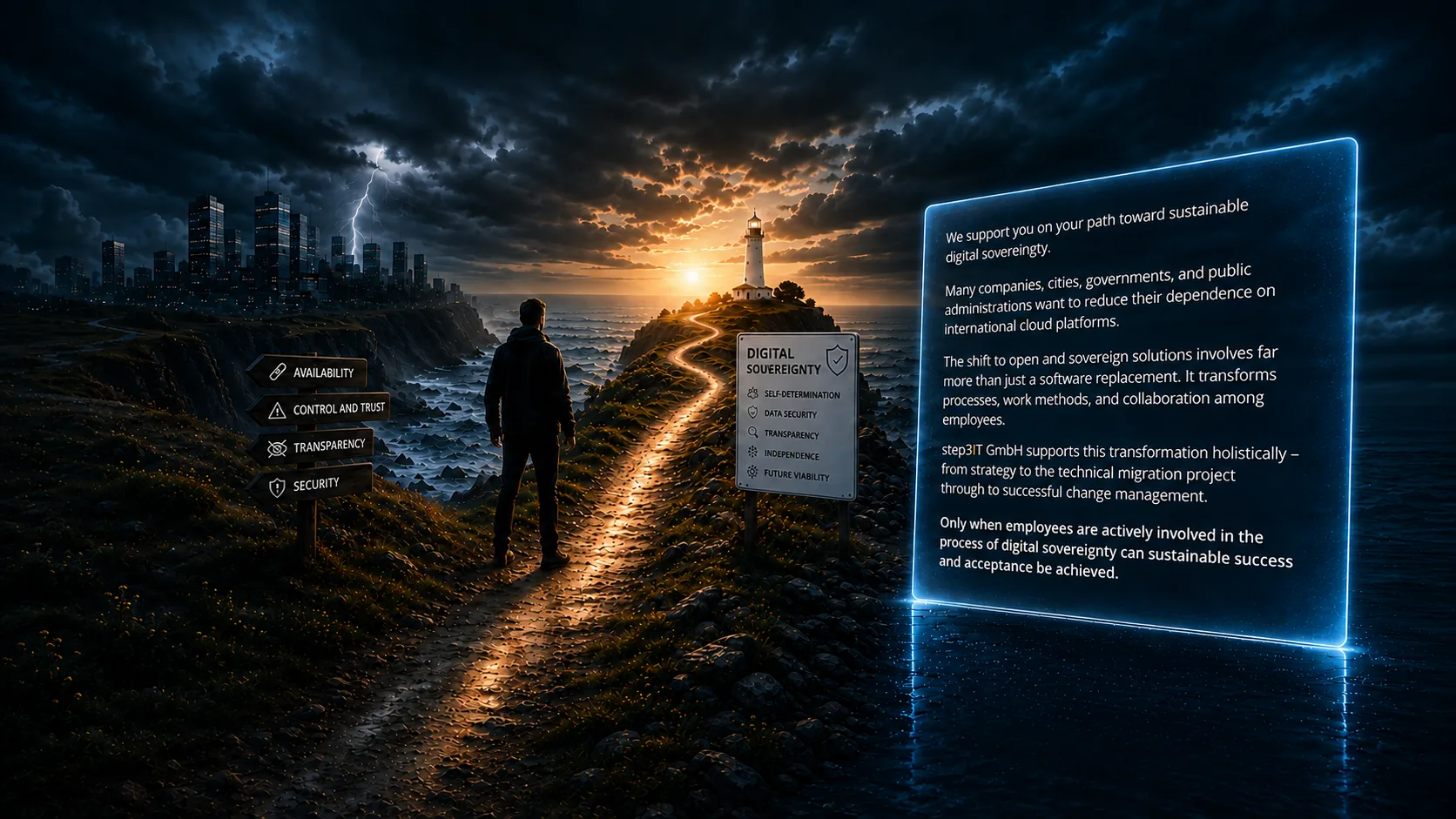 We support you on your path to sustainable digital sovereignty. Many companies, cities, municipalities, and public administrations want to reduce their dependency on international cloud platforms. But switching to open, sovereign solutions is far more than a software swap. It changes processes, ways of working, and how employees collaborate. step3IT GmbH accompanies this transformation holistically - from strategy through the technical migration project to successful change management. Only when employees are actively involved in the process of digital sovereignty can lasting success and acceptance be achieved.